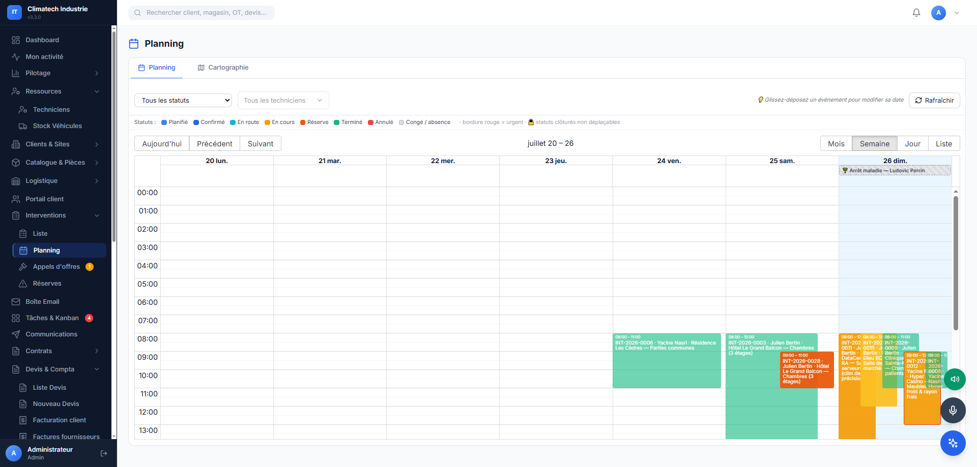 Planning des interventions par technicien, vue semaine